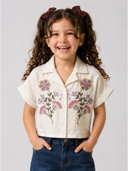 Girls Cream Embroidered Regular-Fit Cotton T-Shirt