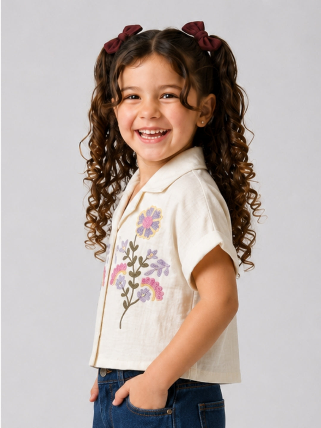 Girls Cream Embroidered Regular-Fit Cotton T-Shirt