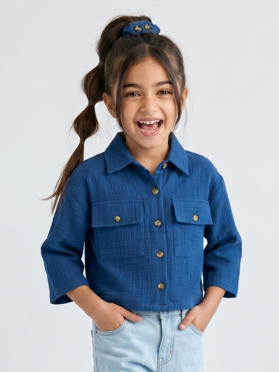 Girls Royal Blue Full-Sleeve Cotton Shirt with Front Button Closure