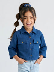 Girls Royal Blue Full-Sleeve Cotton Shirt with Front Button Closure