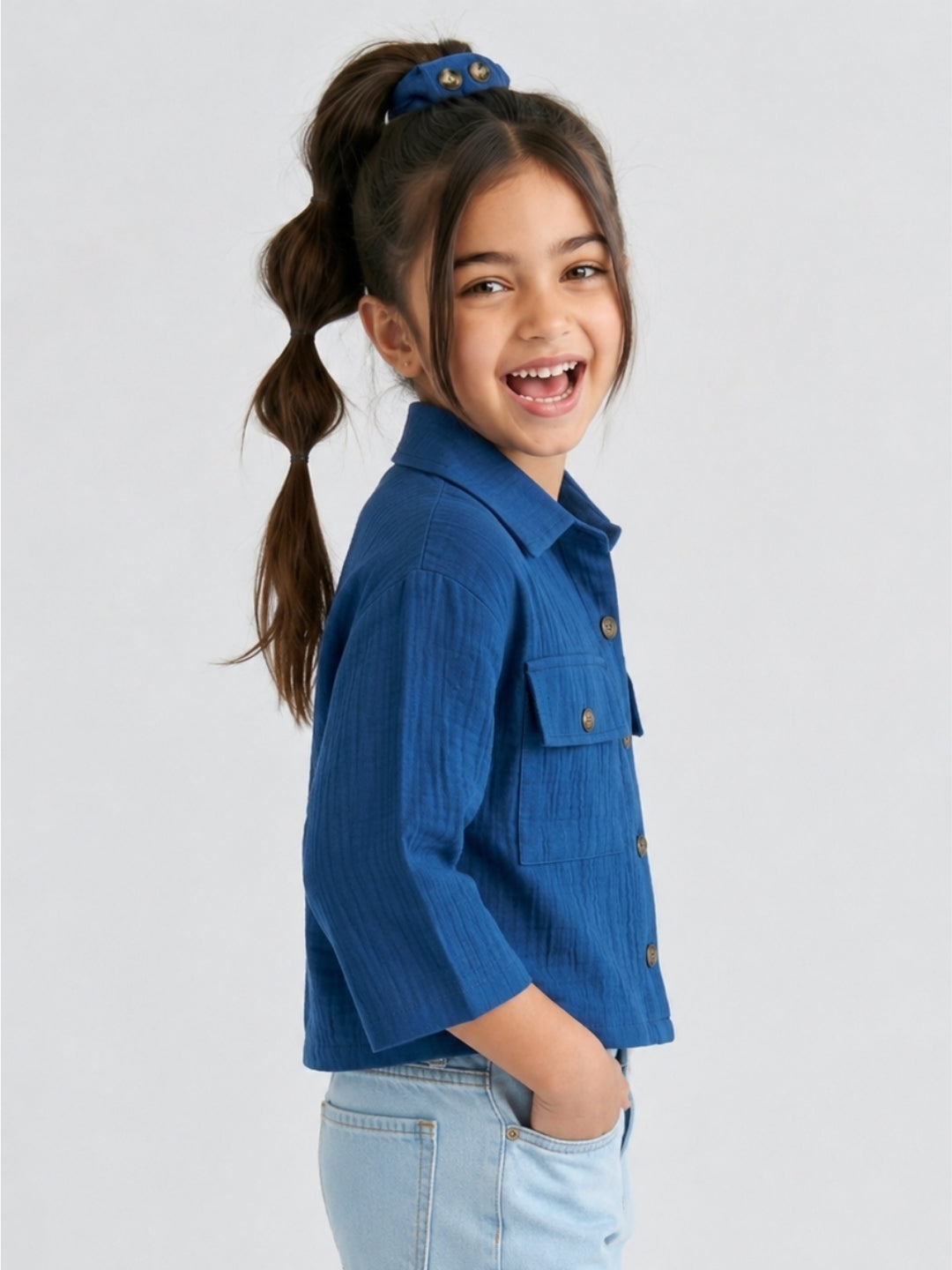 Girls Royal Blue Full-Sleeve Cotton Shirt with Front Button Closure
