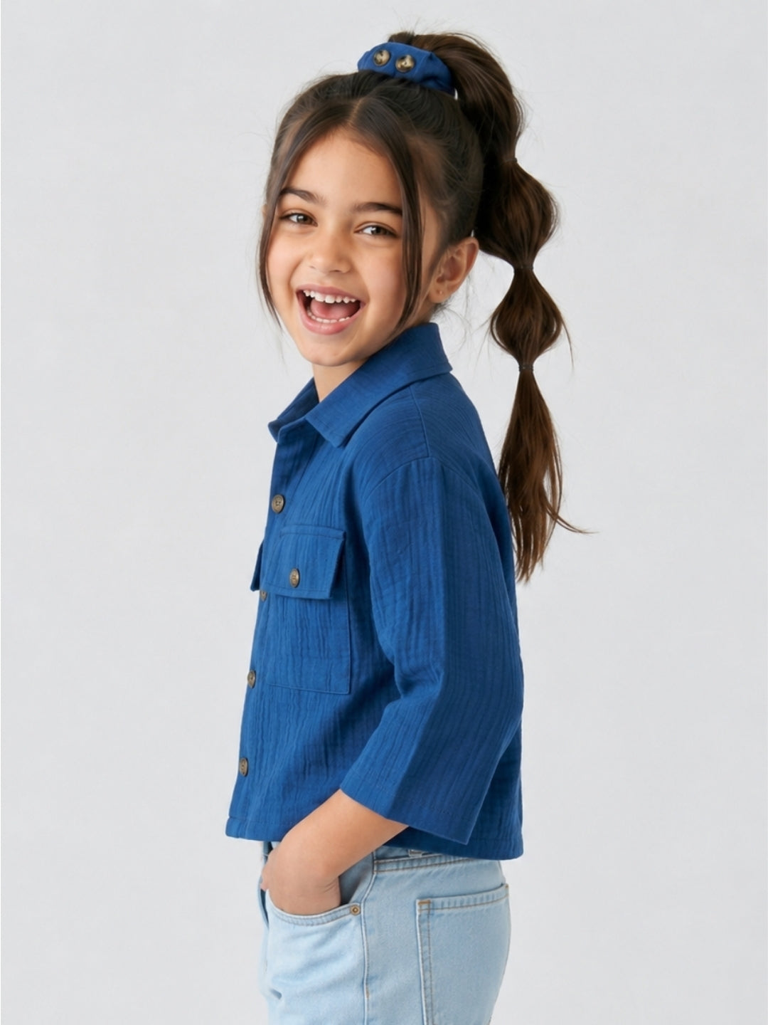 Girls Royal Blue Full-Sleeve Cotton Shirt with Front Button Closure