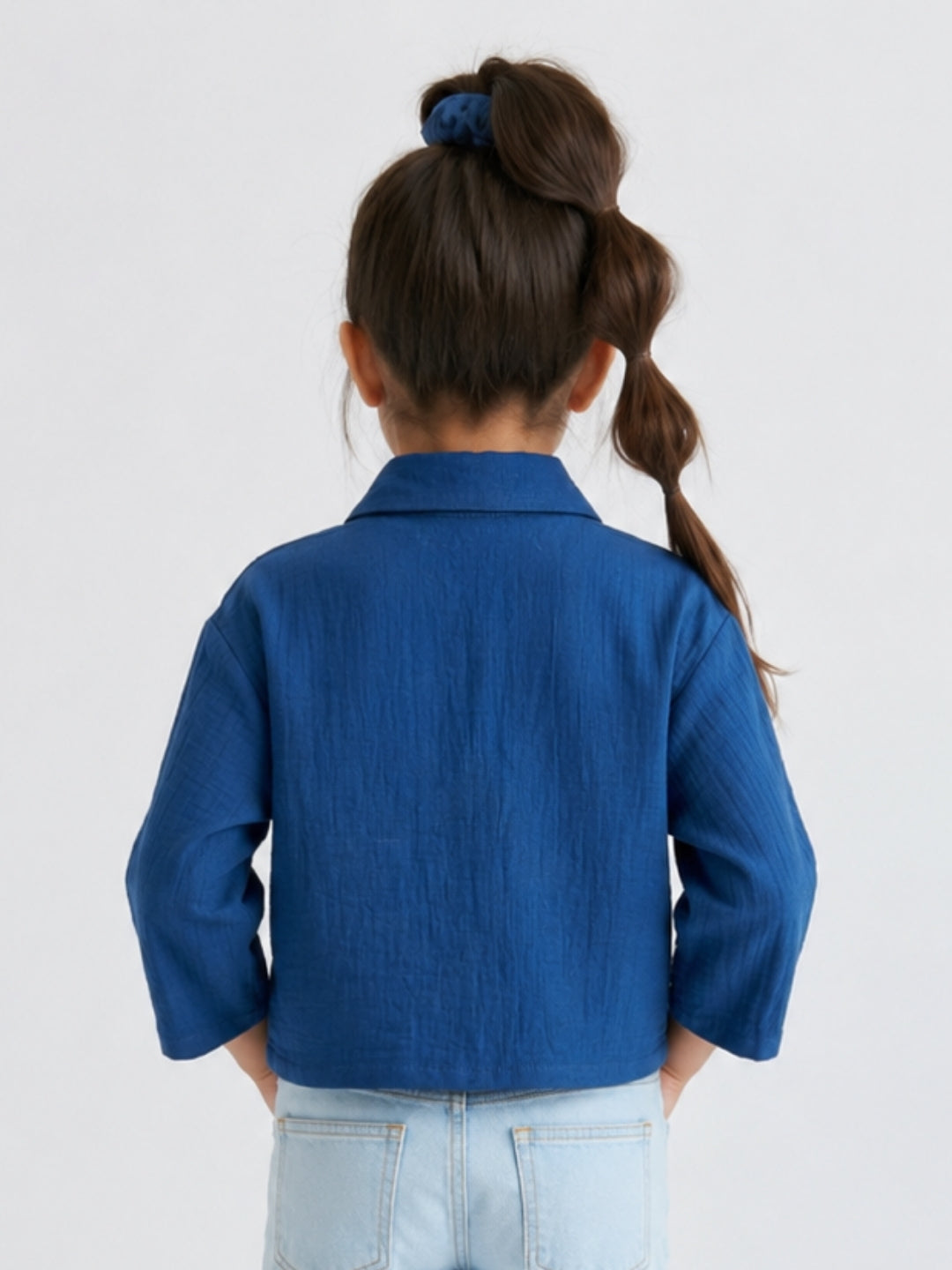 Girls Royal Blue Full-Sleeve Cotton Shirt with Front Button Closure