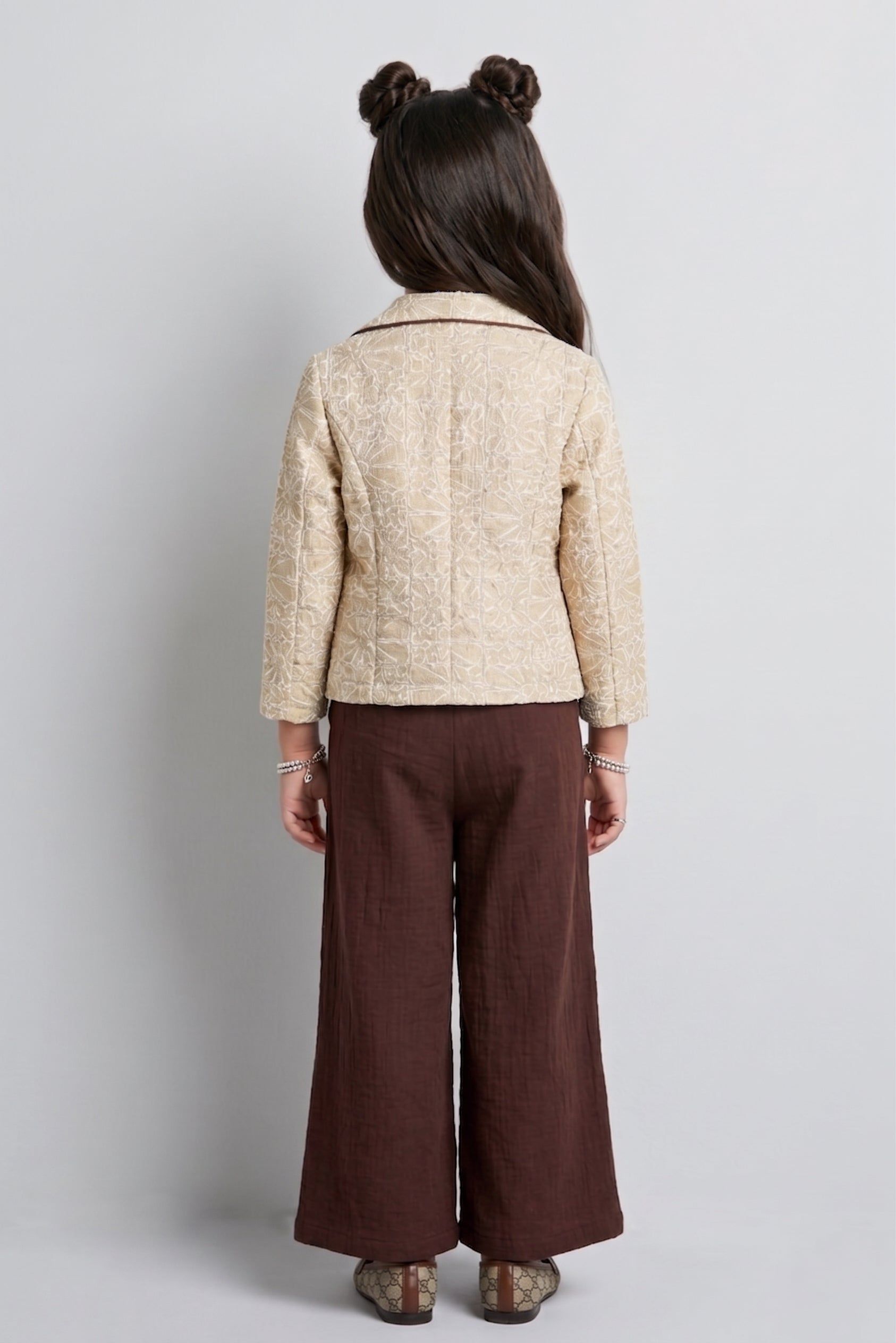 Girls Brown Flared Cotton Pants with Belt Embellishment