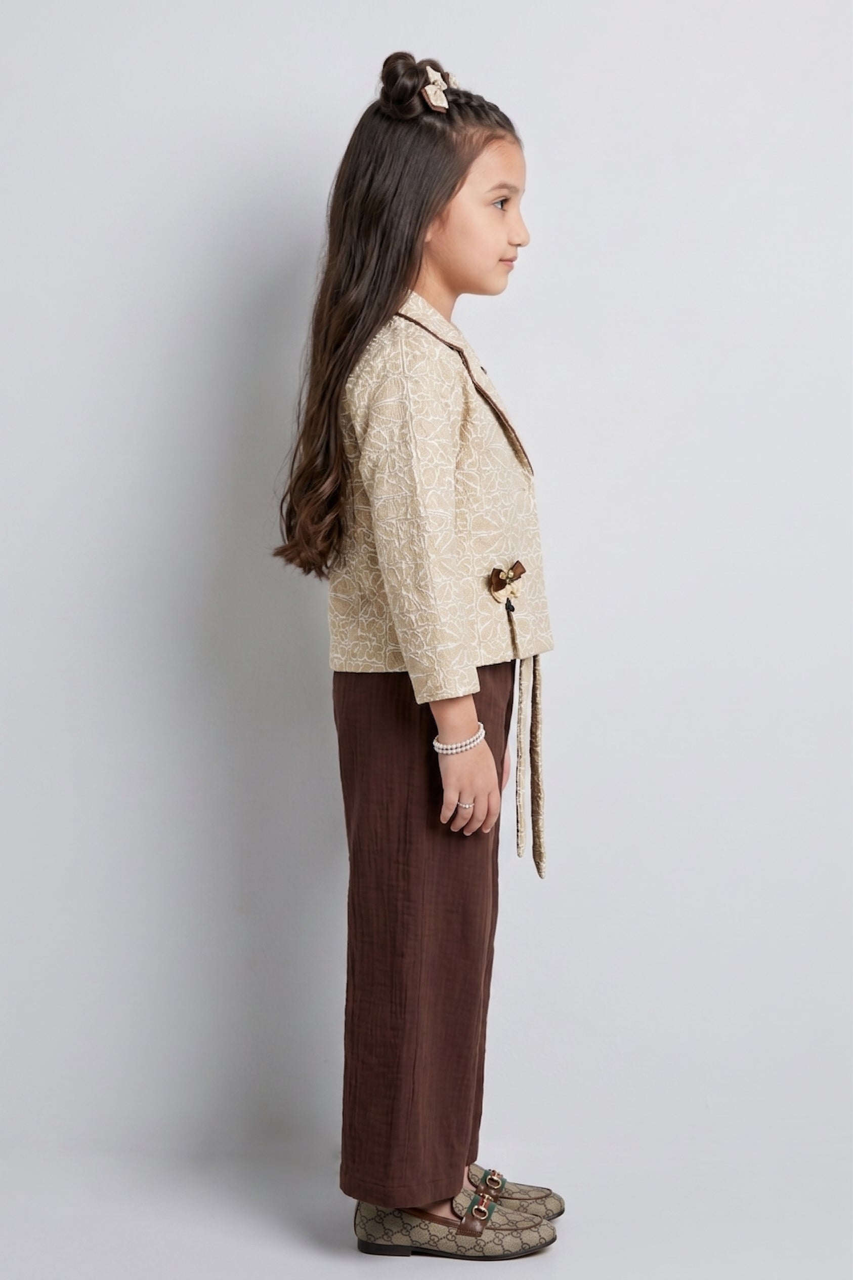 Girls Brown Flared Cotton Pants with Belt Embellishment