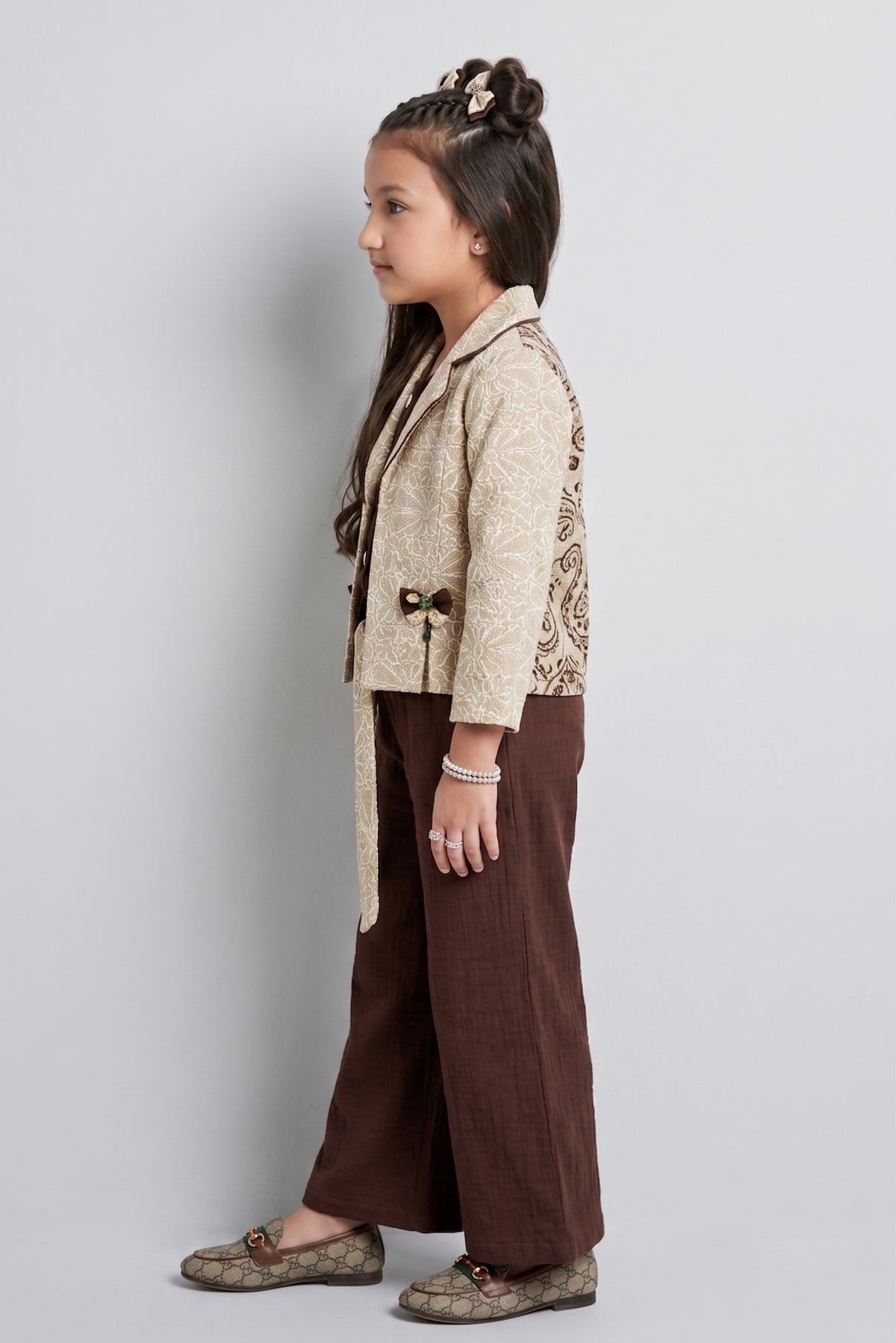 Girls Brown Flared Cotton Pants with Belt Embellishment
