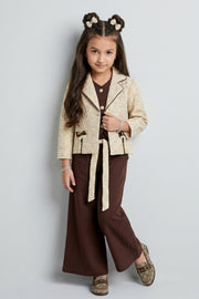 Girls Brown Flared Cotton Pants with Belt Embellishment