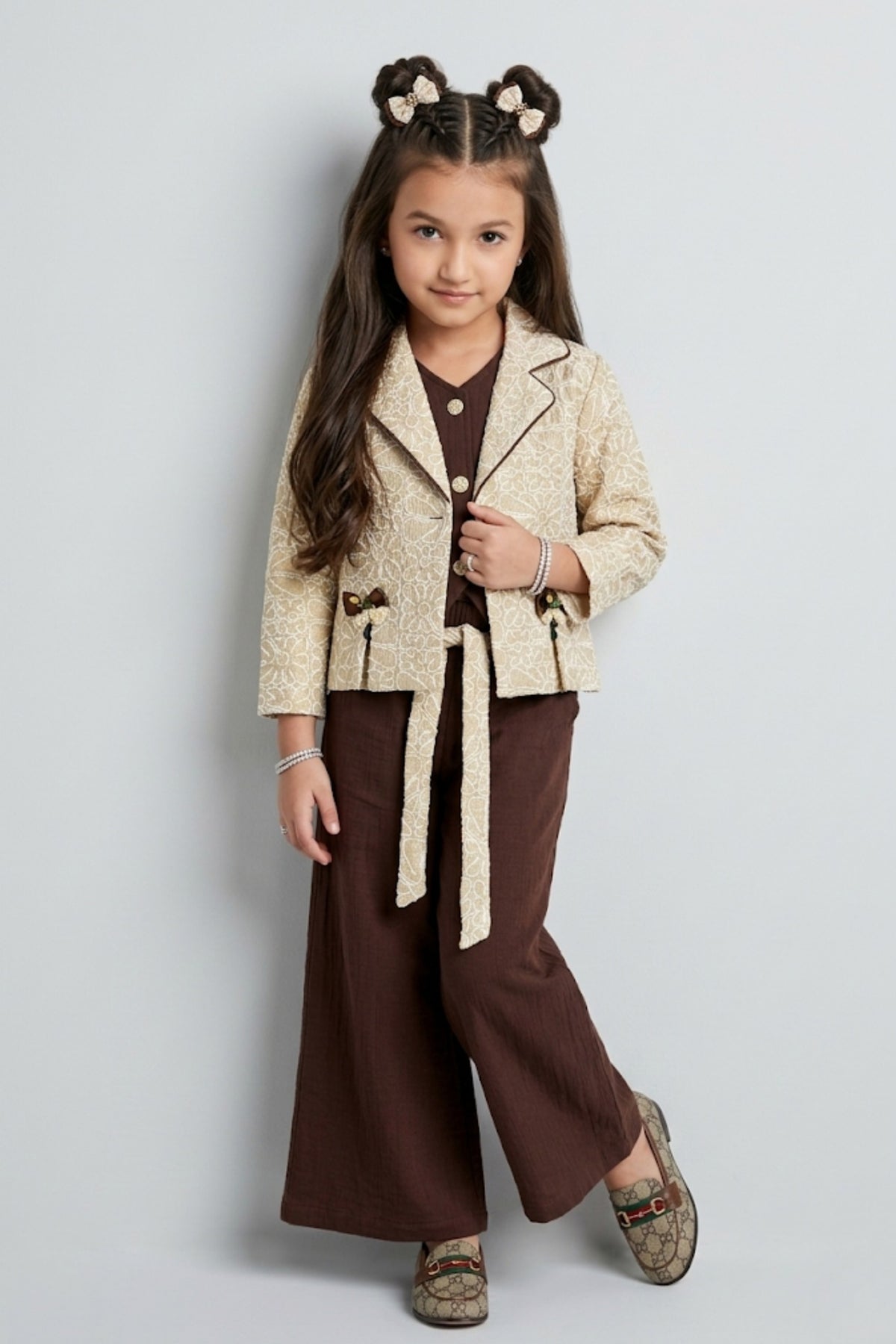 Girls Brown Flared Cotton Pants with Belt Embellishment