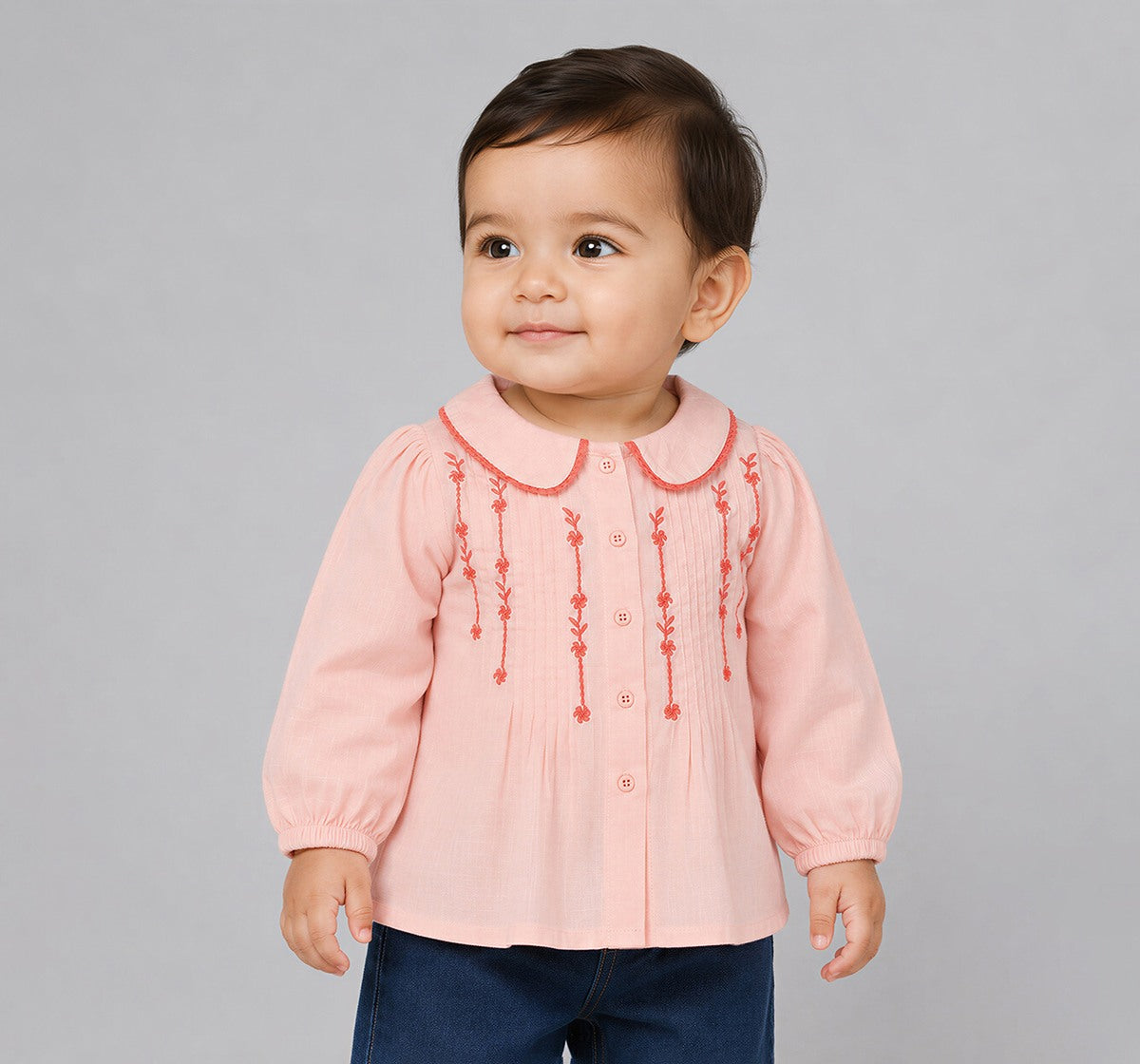 Top with Embroidery & Pintucks Detail Peach