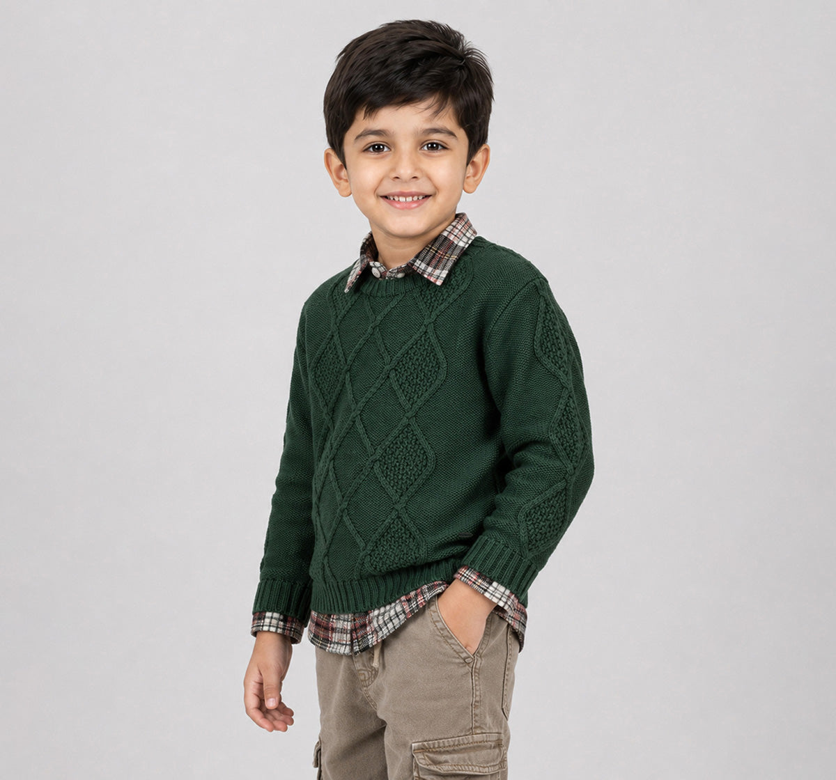Flat Knit Sweater with Cabling Olive Green