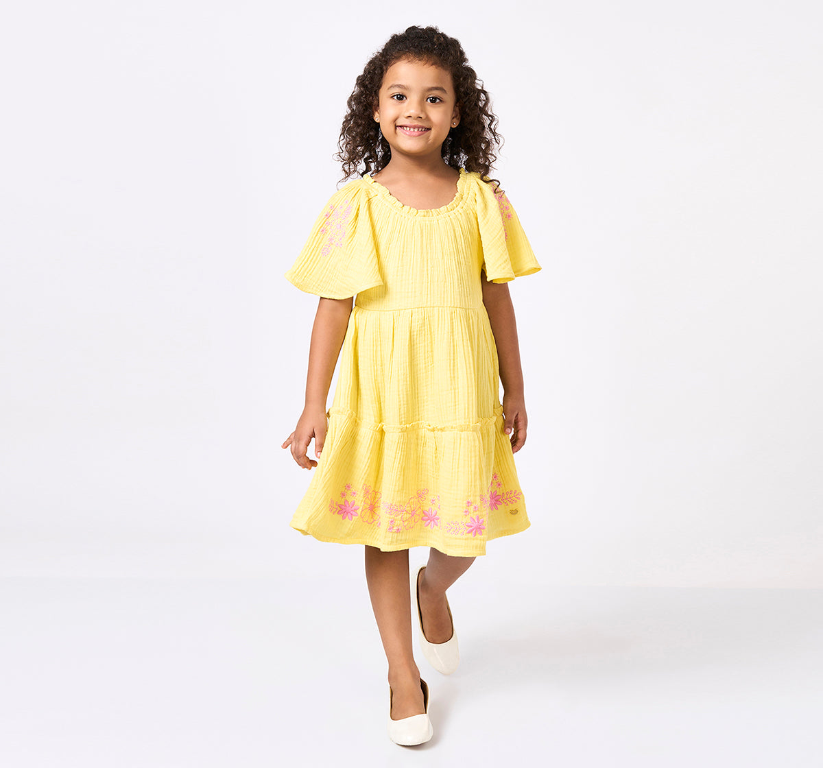 Girls Yellow Cotton Embroidered Tiered Dress
