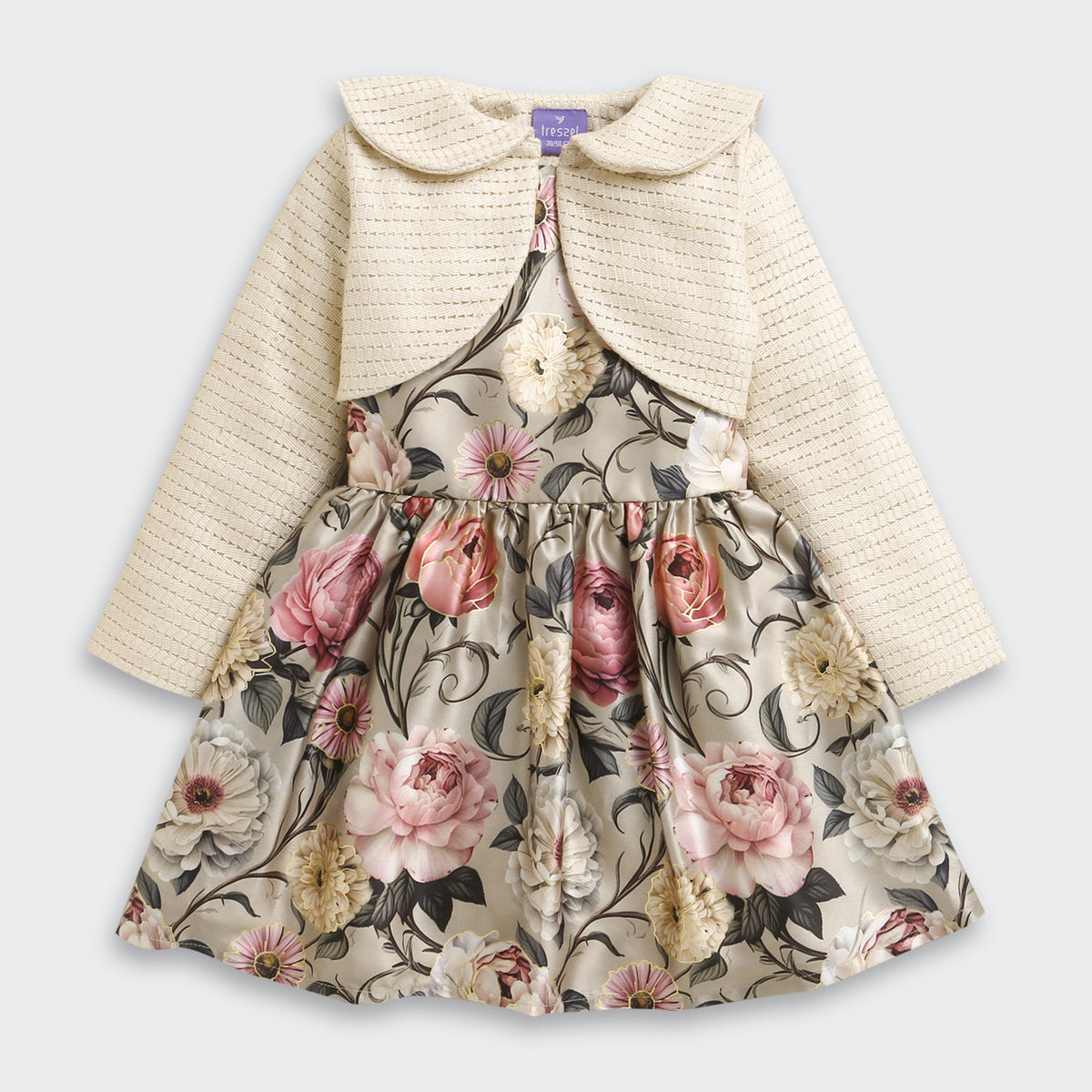 Girls Dusty Green Satin Frock with Jute Jacket