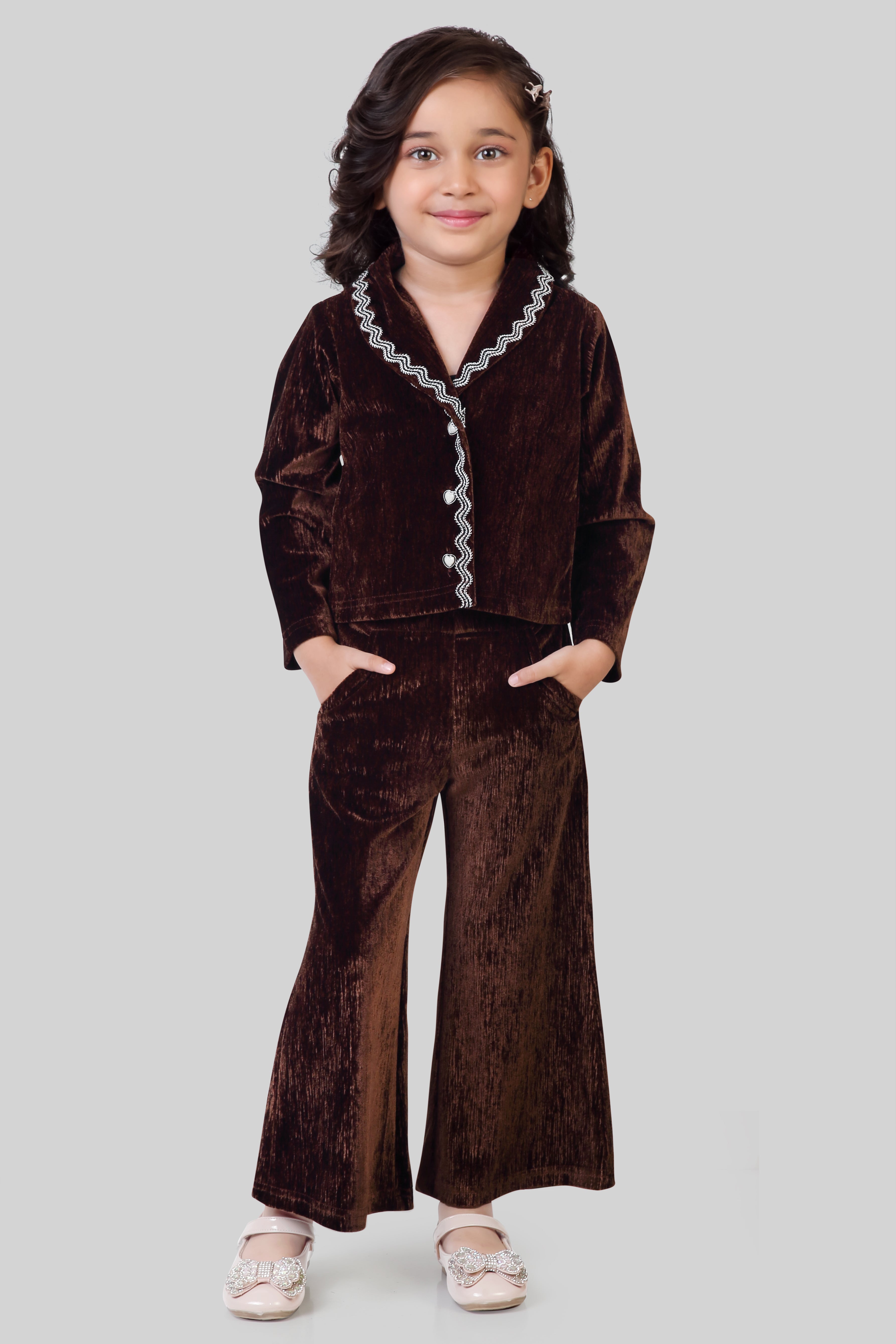 Girls Textured Polyester Lycra Co-ord Set in Brown