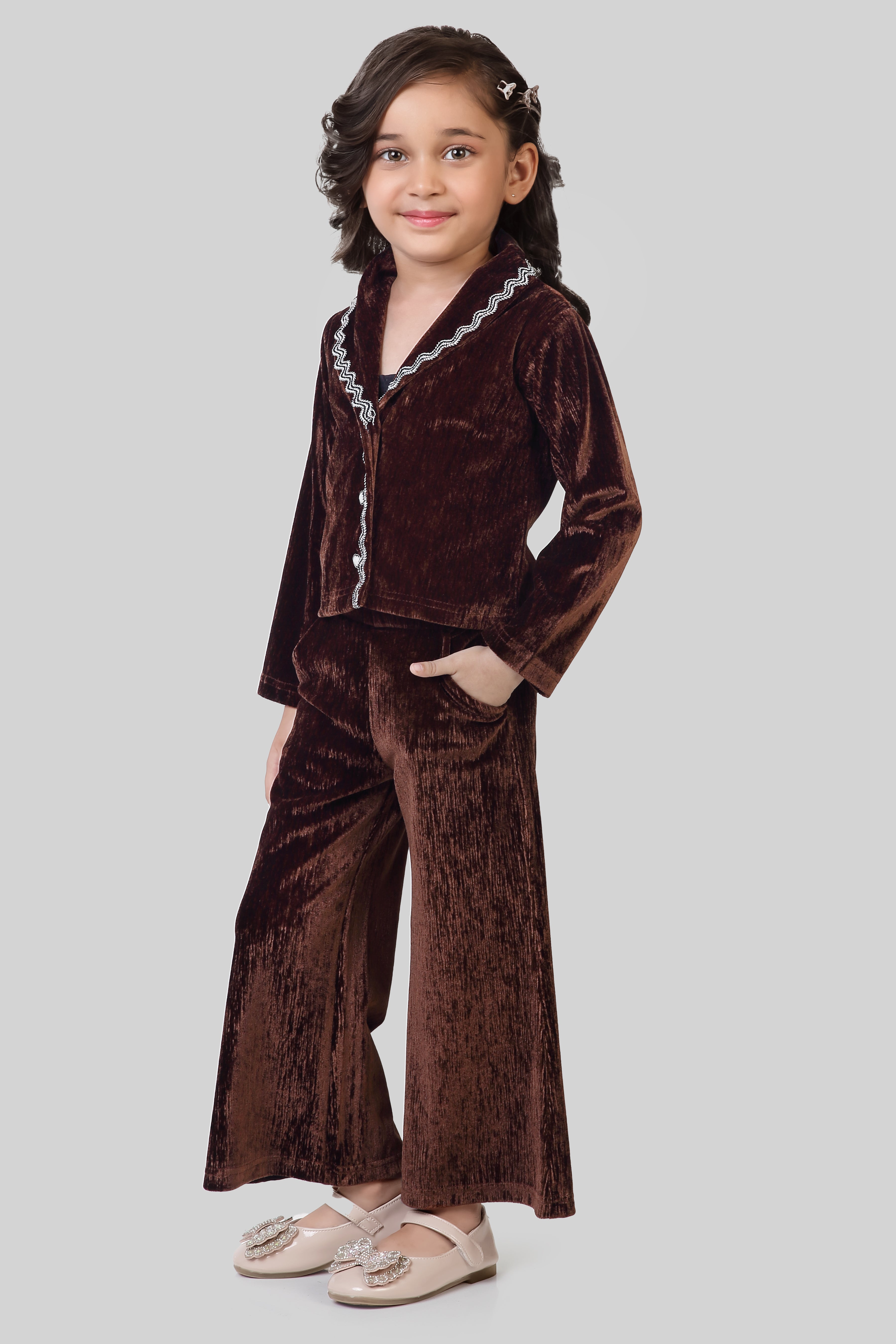 Girls Textured Polyester Lycra Co-ord Set in Brown