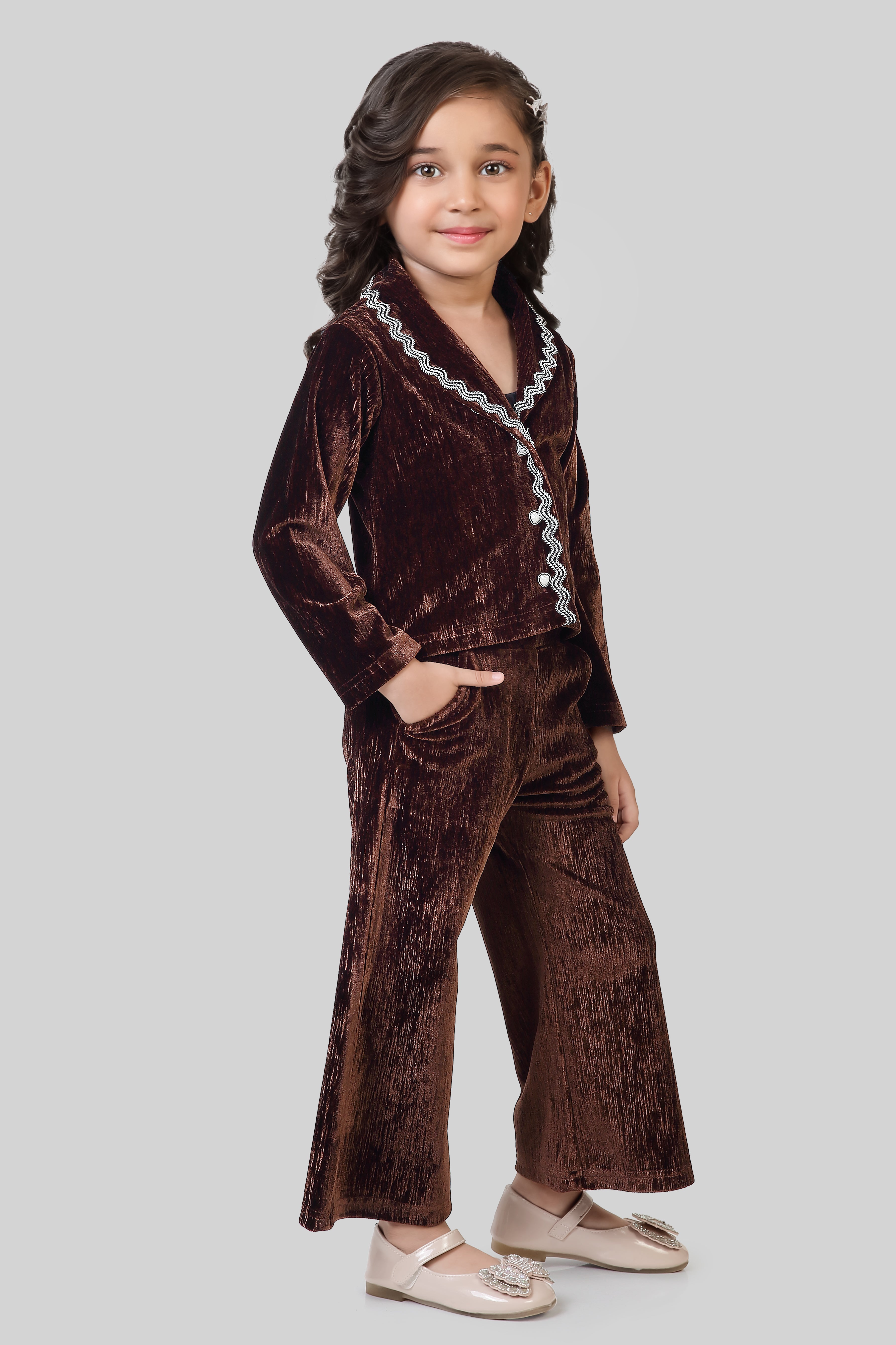 Girls Textured Polyester Lycra Co-ord Set in Brown