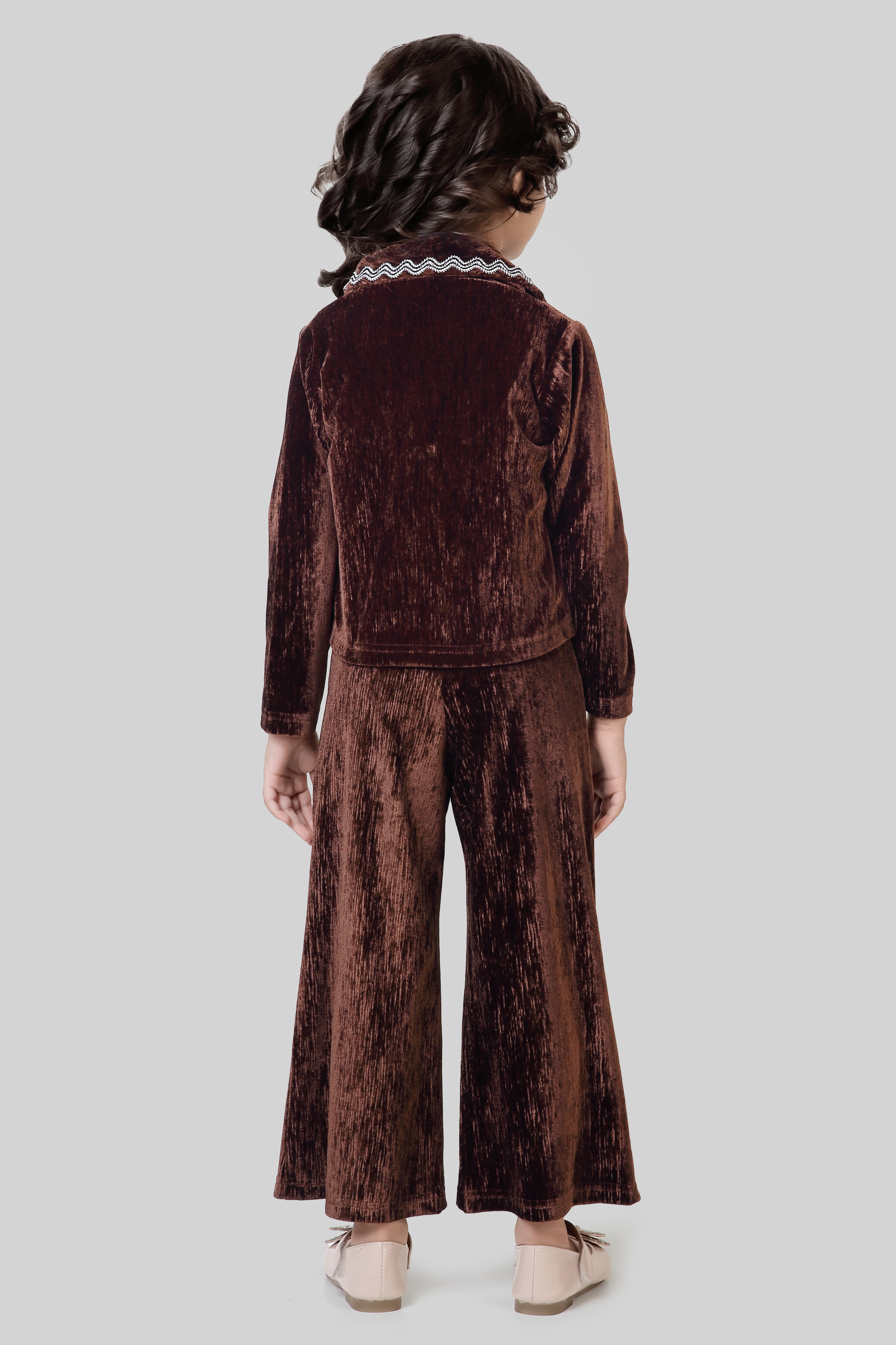 Girls Textured Polyester Lycra Co-ord Set in Brown