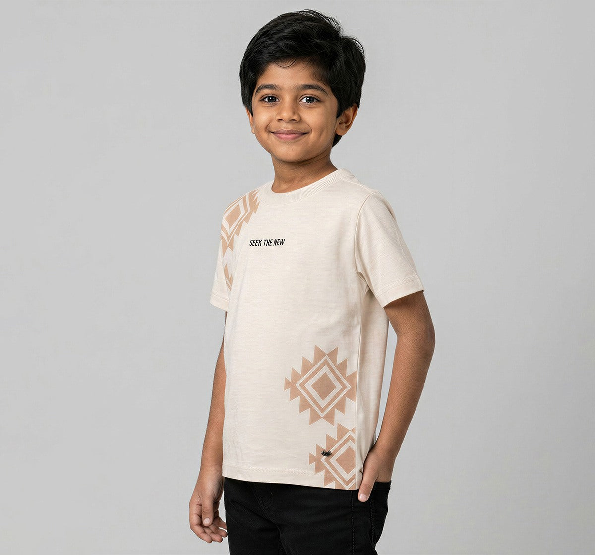 Crew Neck T-Shirt W/ Print & Applique Beige Half