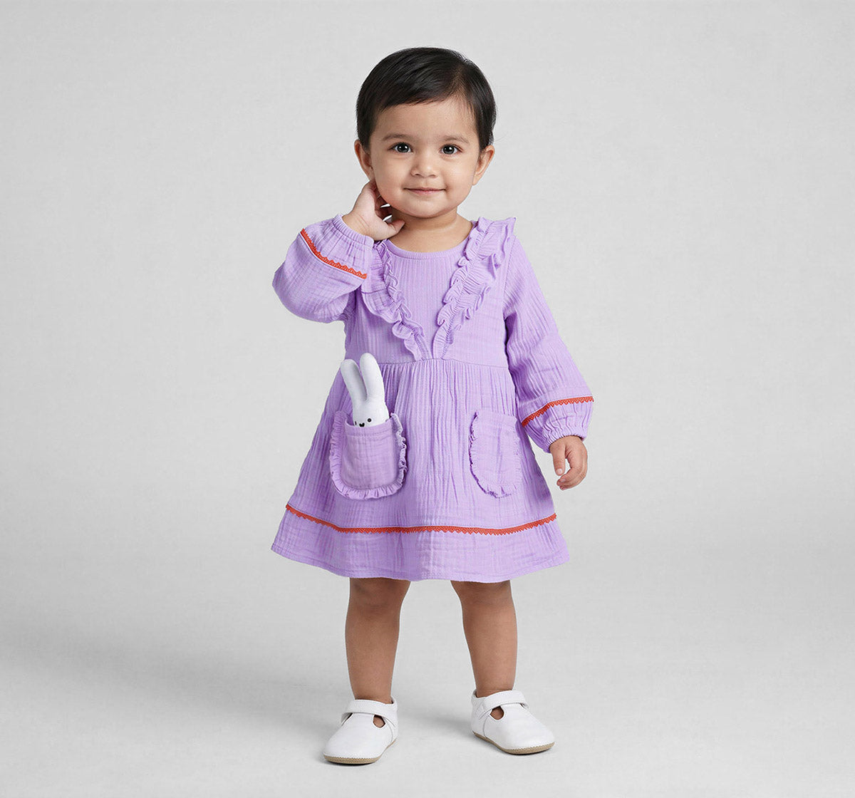 Infant Girls Lavender Cotton Gauze Lace Dress with Bunny Toy