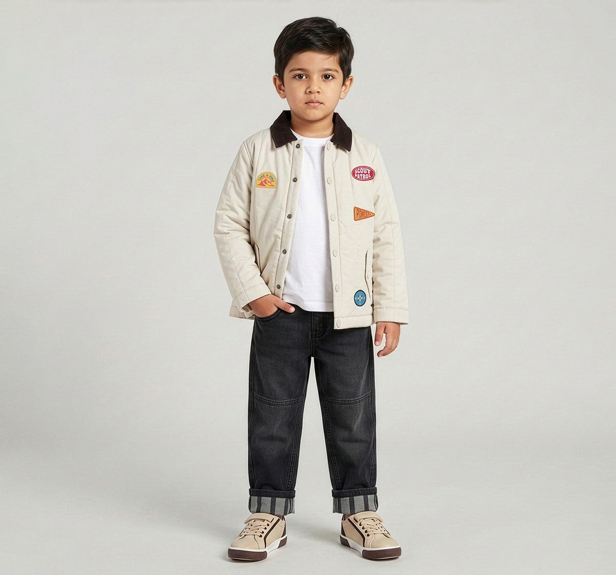 Woven Jacket with Badges Beige