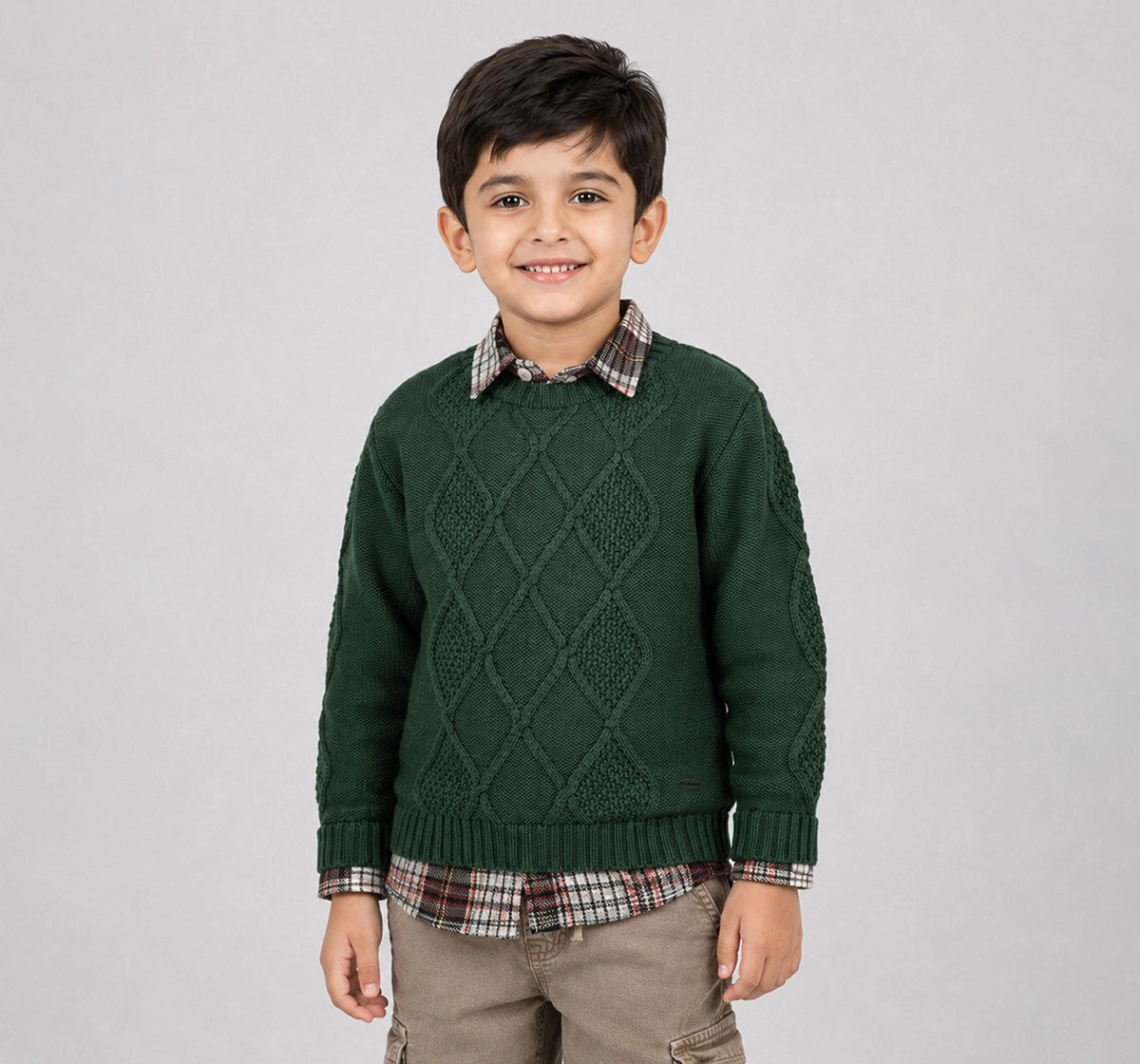 Flat Knit Sweater with Cabling Olive Green