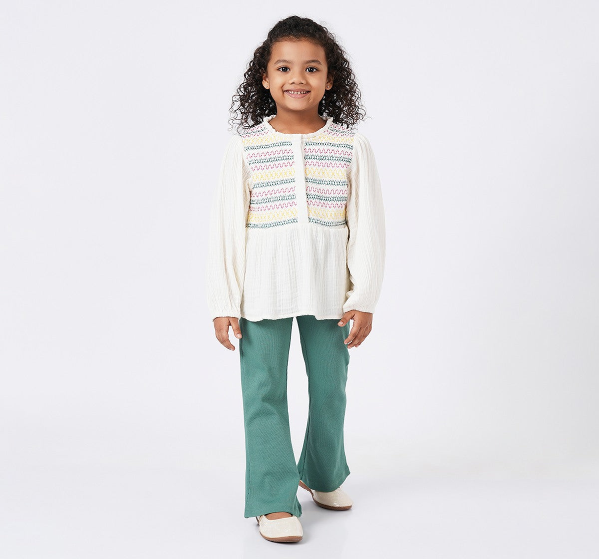 Woven Set with Smocking and Embroidery Green