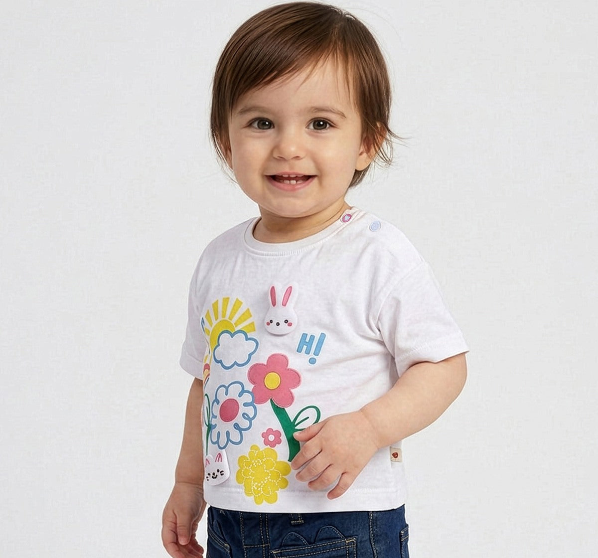 Drop Shoulder Tee with Print & Appliques White