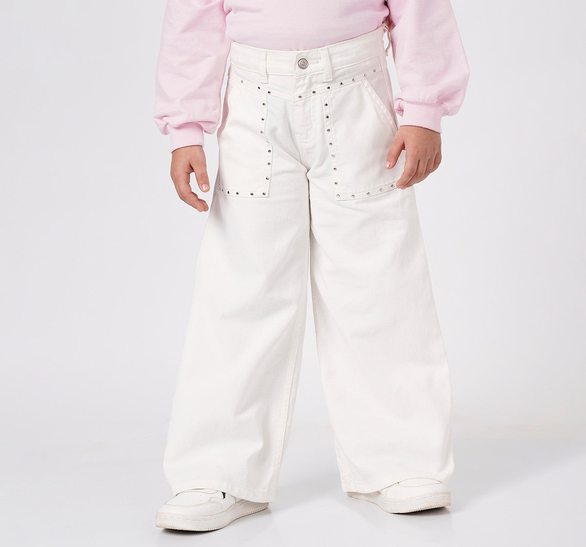 Girls Off White Cotton Denim Wide Leg Studded Jeans