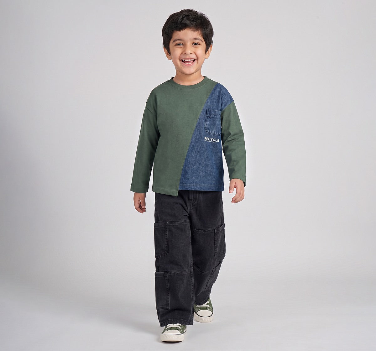 Looper T-Shirt with Denim Applique Green