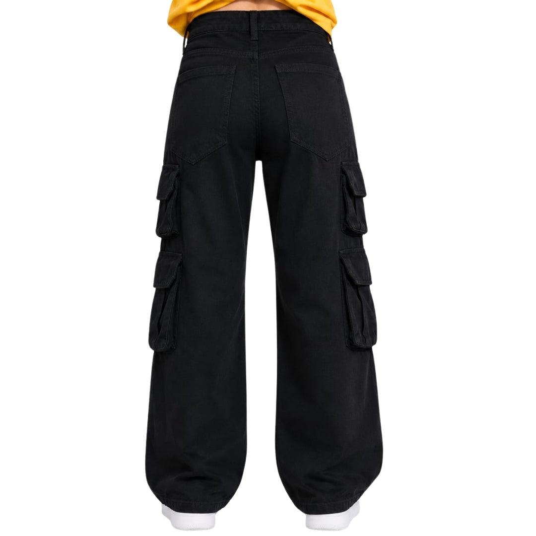 Cargo Fit Denim Pants for Girls Black