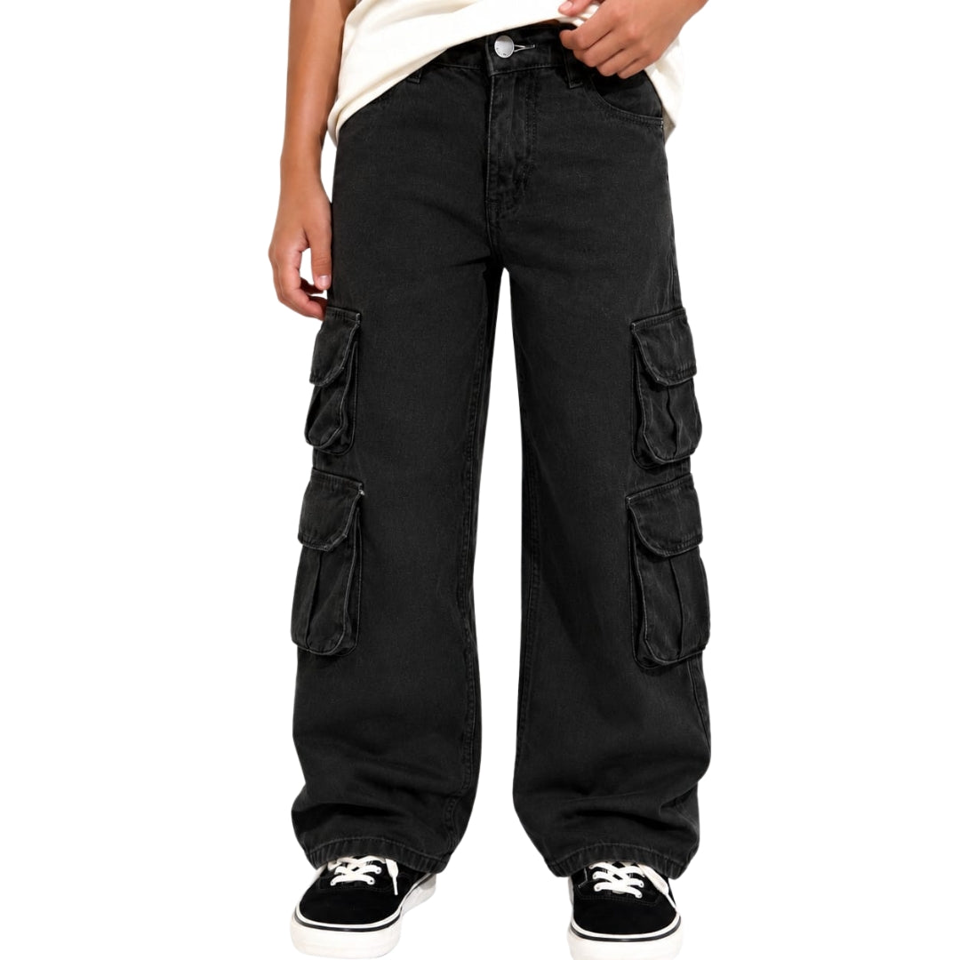 Forest Green Cargo Fit Denim Pants for Girls