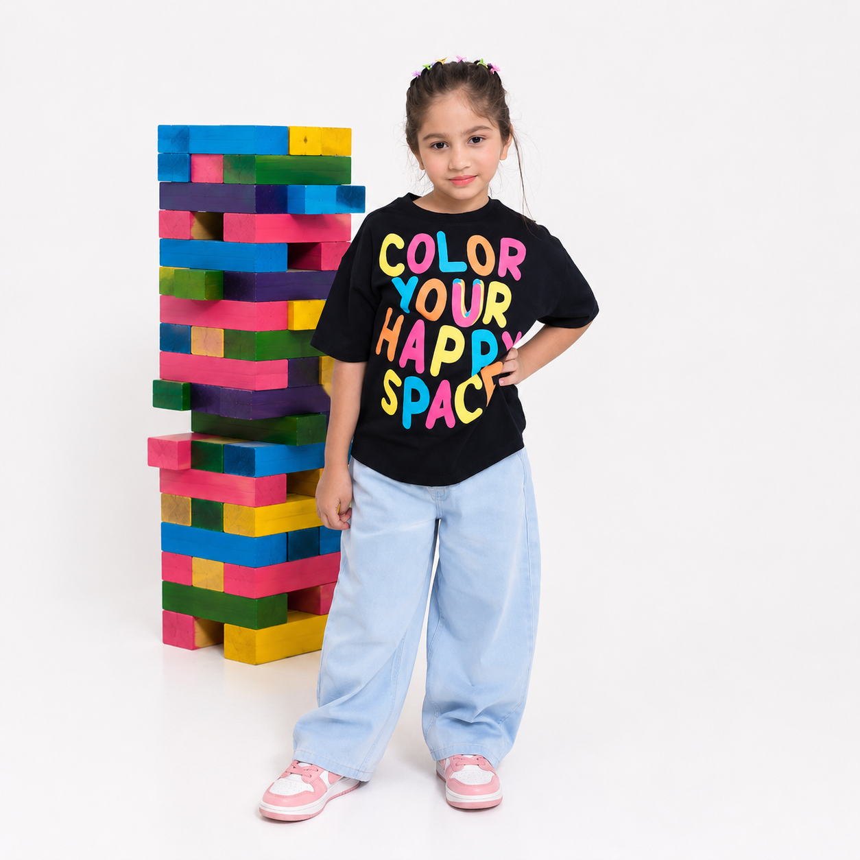 Ice Blue Barrel Fit Denim Pants for Girls