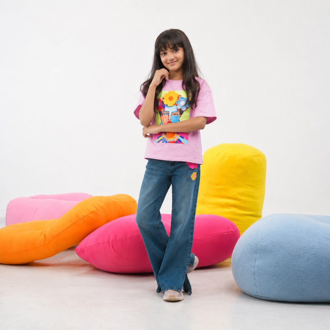 DX Blue Straight Fit Denim Pants for Girls
