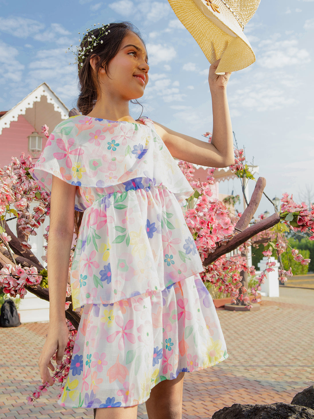 Girls Printed Woven One Side Shoulder Strap Dress