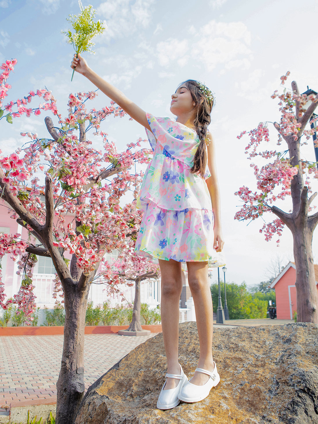Girls Printed Woven One Side Shoulder Strap Dress