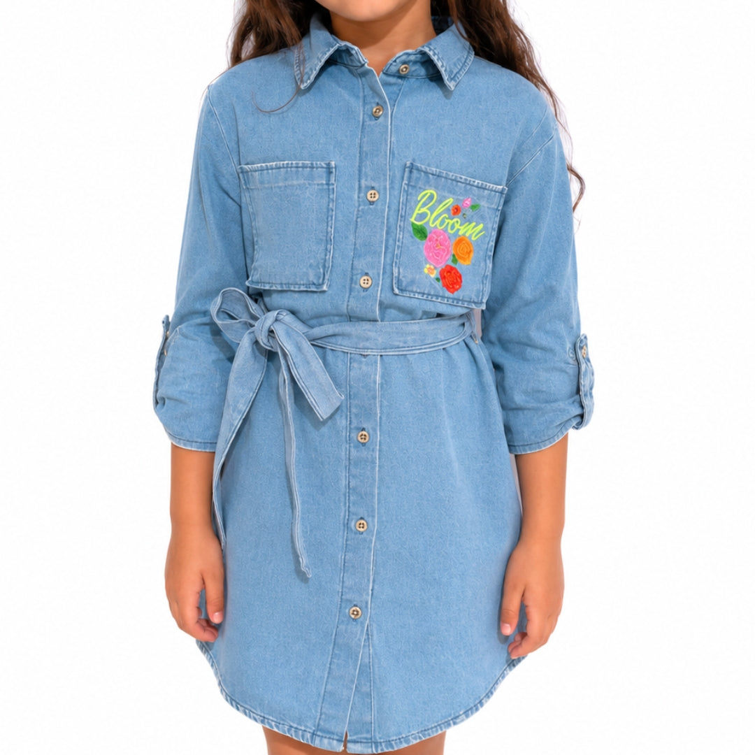 Girls Stone Blue Full-Sleeve Denim Dress