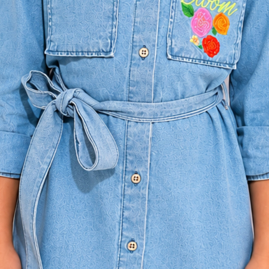 Girls Stone Blue Full-Sleeve Denim Dress