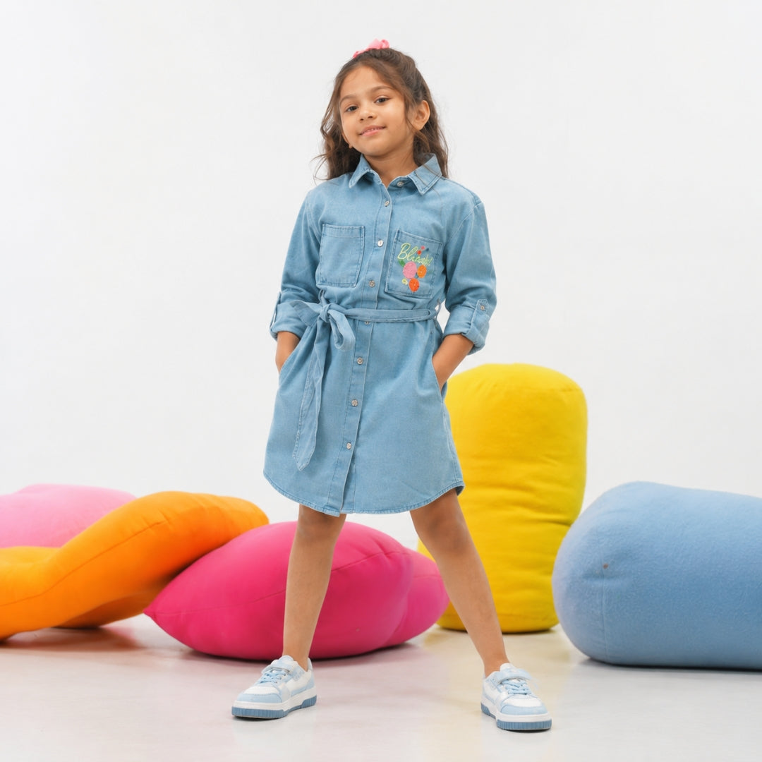 Girls Stone Blue Full-Sleeve Denim Dress