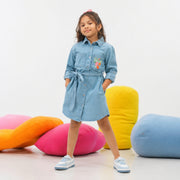 Girls Stone Blue Full-Sleeve Denim Dress