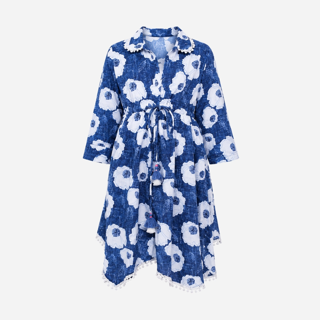 Girls Indigo Blue Woven 3/4 Sleeve Dress