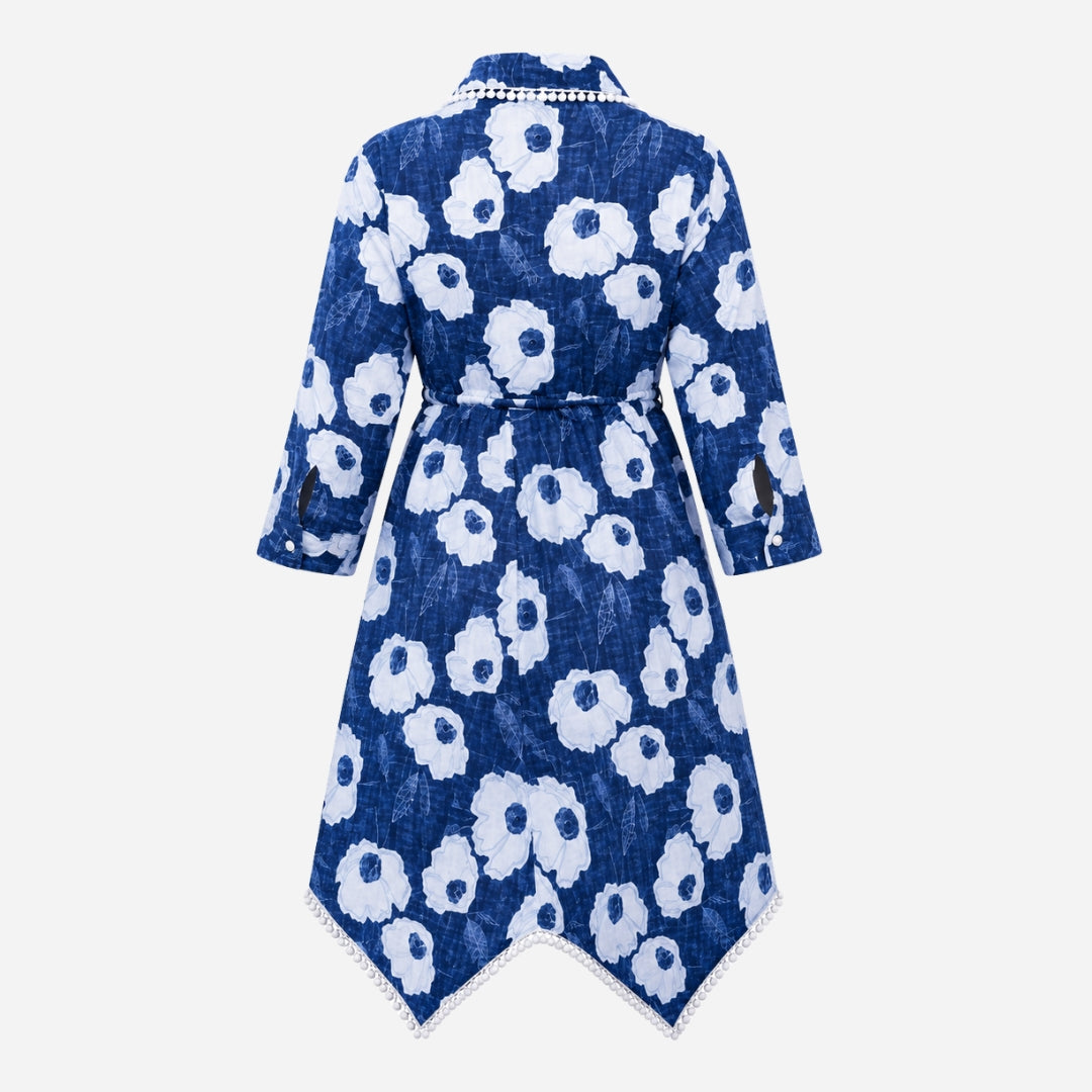 Girls Indigo Blue Woven 3/4 Sleeve Dress