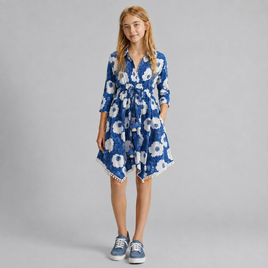 Girls Indigo Blue Woven 3/4 Sleeve Dress