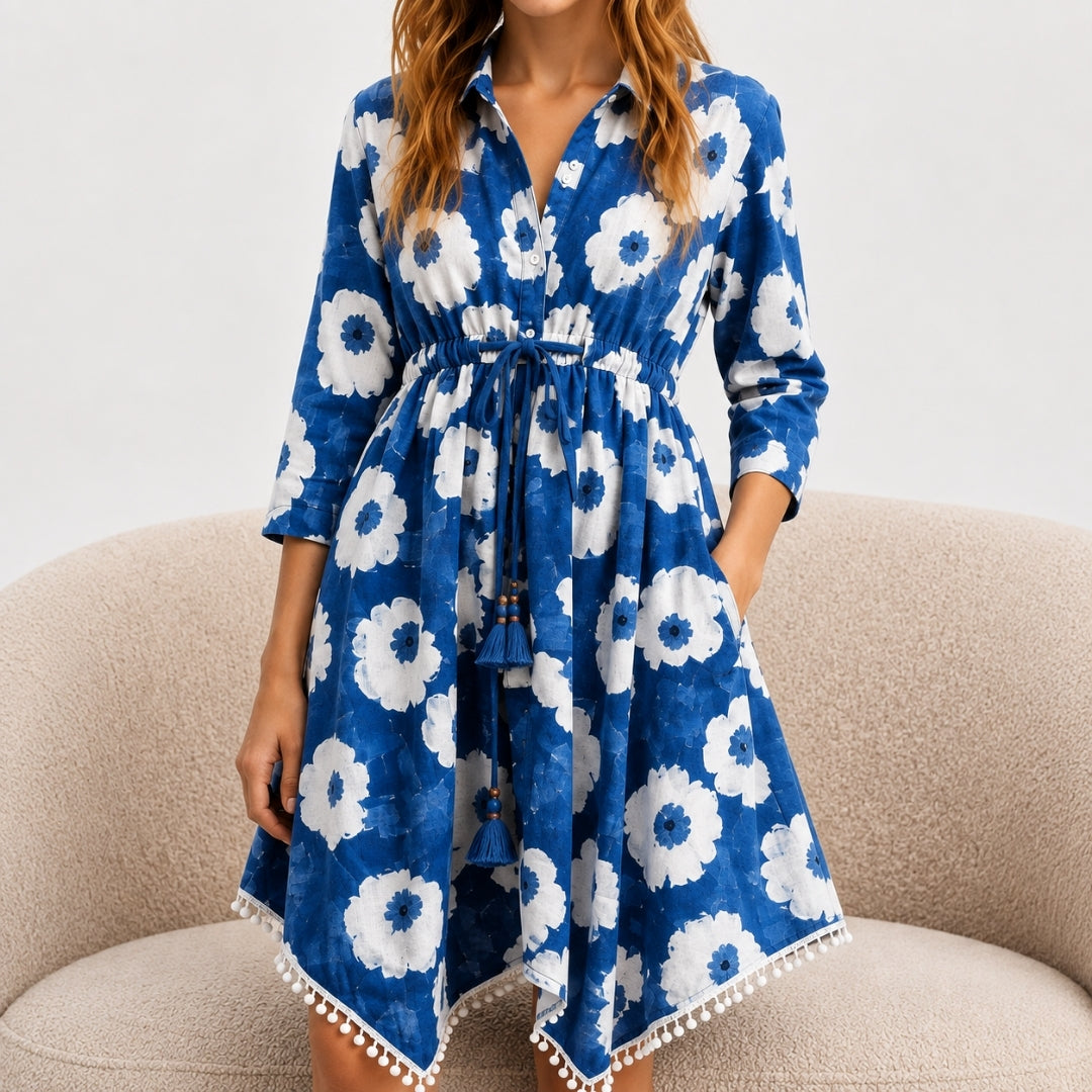 Girls Indigo Blue Woven 3/4 Sleeve Dress
