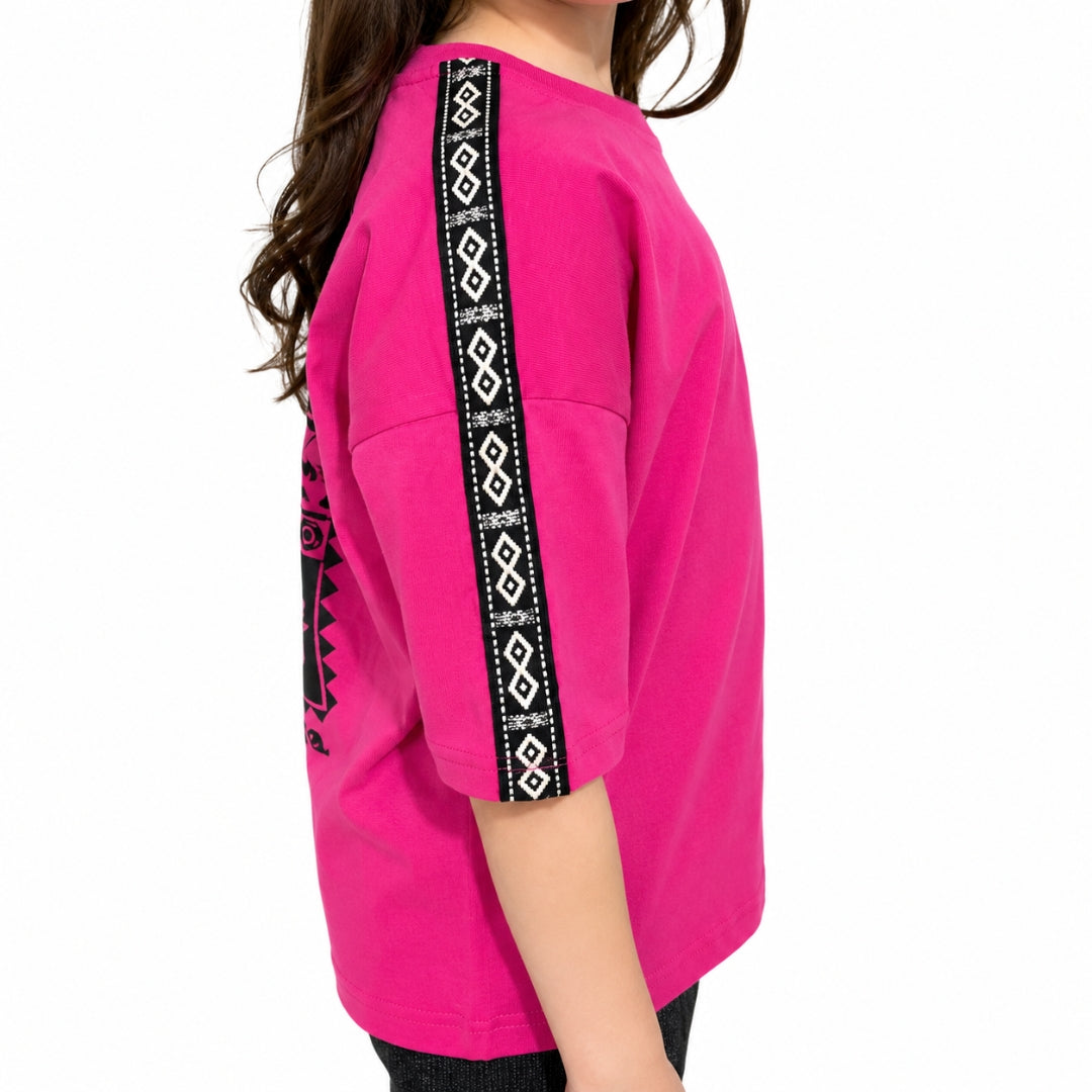 Poppy Pink Graphic Knit Half-Sleeve Top for Girls