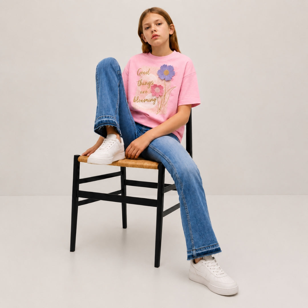 Girls Soft Pink Embellished Cotton Knit Top