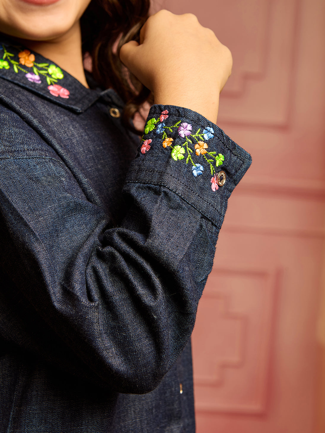 Girls Washed Denim Full Sleeve Boxy Fit Top