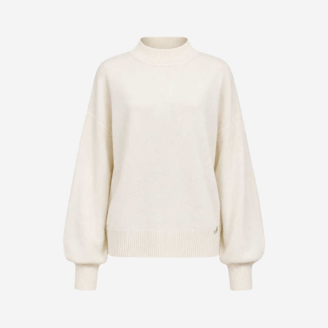 Girls Off White Viscose Nylon High Neck Balloon Sleeve Top