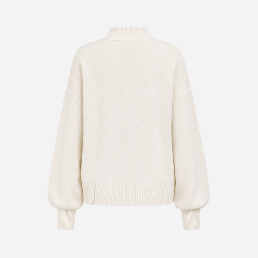 Girls Off White Viscose Nylon High Neck Balloon Sleeve Top