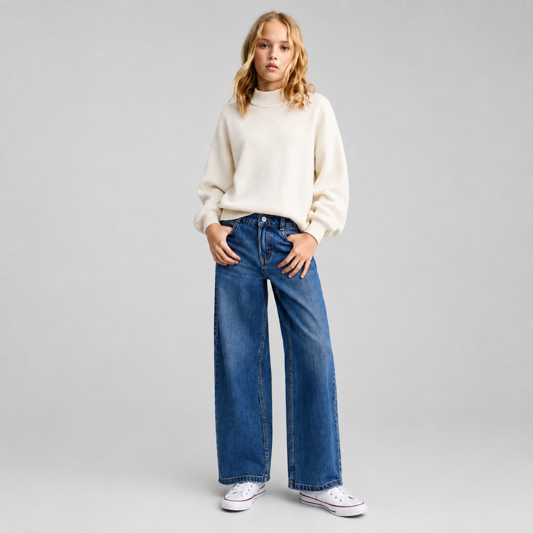 Girls Off White Viscose Nylon High Neck Balloon Sleeve Top