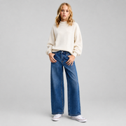 Girls Off White Viscose Nylon High Neck Balloon Sleeve Top