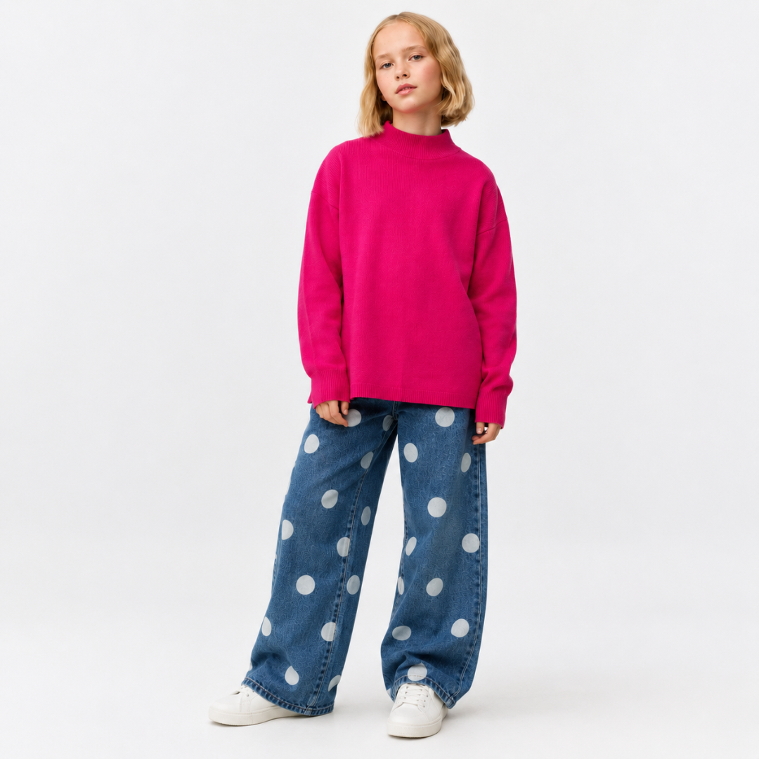 Vitamins Girls High Neck Flat Knit Top Poppy Pink